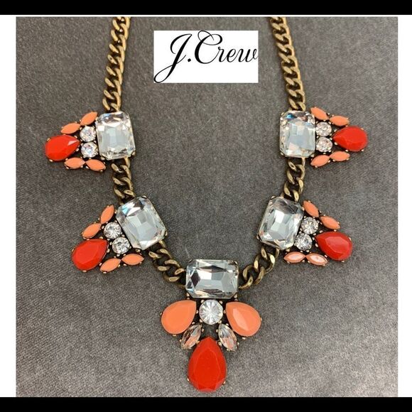 J.crew coral red pink peach clear gem jewelled gold-tone chain link necklace - Picture 1 of 10